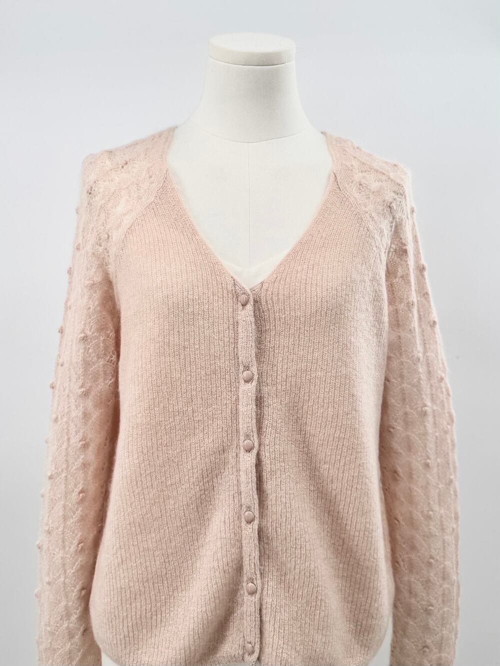 Sezane Garance Blush Peach Cardigan Sweater Mohair Pointelle Lace V-Neck S
